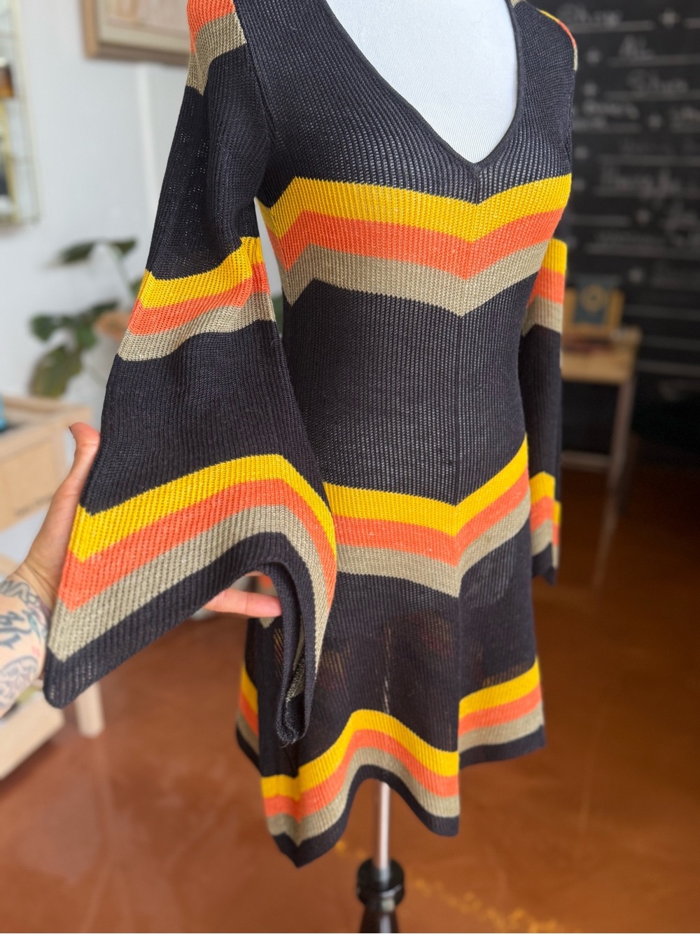 Vintage Ora European Knit Italy Chevron Stripe Bell Sleeve Dress 1970s